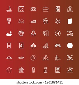Editable 36 vacation icons for web and mobile. Set of vacation included icons line Tent, Passport, Sunblock, Hotel, Ferris wheel, Sea, Kayak, Hiking, Briefcase, Boat, Pamela on red