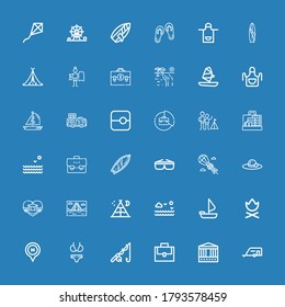 Editable 36 vacation icons for web and mobile. Set of vacation included icons line Caravan, Carousel, Suitcase, Fishing, Bikini, Hotel, Campfire, Sailing boat on blue background