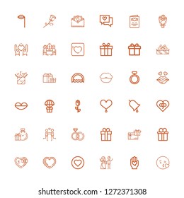 Editable 36 valentine icons for web and mobile. Set of valentine included icons line Kiss, Love, Couple, Heart, Gift, Gift box, Gift card, Rings, Gifts, Broken heart on white background