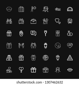 Editable 36 valentine icons for web and mobile. Set of valentine included icons line Kiss, Couple, Gift, Heart, Gifts, Rings, Bouquet, Holden, Present, Love on black background