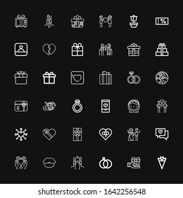 Editable 36 valentine icons for web and mobile. Set of valentine included icons line Bouquet, Gift, Wedding rings, Couple, Lips, Love, Broken heart, Gift box on black background