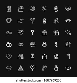 Editable 36 valentine icons for web and mobile. Set of valentine included icons line Lips, Ring, Love, Heart, Rings, Hugging, Gift, Couple, Rose, Holden, Wedding rings on black background