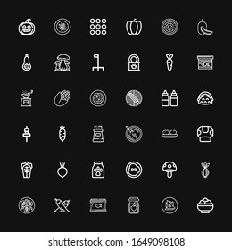 Editable 36 vegetable icons for web and mobile. Set of vegetable included icons line Salad, Vegan food, Nutrition, Canned food, Chili, Tofu, Onion, Mushroom on black background