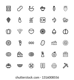 Editable 36 vegetarian icons for web and mobile. Set of vegetarian included icons line Pick, Watermelon, Corn, Vegan food, Lemon, Salad, Fruit, Apricot, Oil bottle on white background