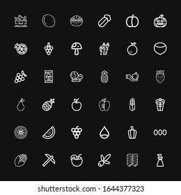 Editable 36 vegetarian icons for web and mobile. Set of vegetarian included icons line Oil bottle, Corn, Olive, Coconut, Pick, Seeds, Pepper, Chestnut, Grape on black background
