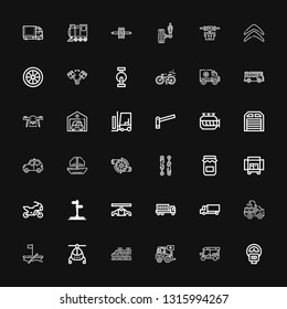 Editable 36 vehicle icons for web and mobile. Set of vehicle included icons line Parking meter, Tuk tuk, Loader, Train, Helicopter, Boat, Truck, Delivery truck on black background
