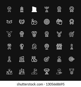 Editable 36 victory icons for web and mobile. Set of victory included icons line Medal, Success, Trophy, Podium, Competition, Win, Target, Dartboard, Bowling on black background