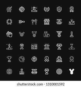 Editable 36 victory icons for web and mobile. Set of victory included icons line Medal, Dartboard, Trophy, Ribbons, Podium, Target, Medals, Fist, Quality, Bowling on black background