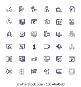 Editable 36 video icons for web and mobile. Set of video included icons line Stage, Theater, Vr glasses, Clapperboard, Strip, Pause, Clapper, Monitor, Game on white background