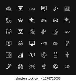 Editable 36 view icons for web and mobile. Set of view included icons line Eye, Mirror, Explorer, Vision, d glasses, Search, Detective, Sleeveless shirt, Basketball on black background