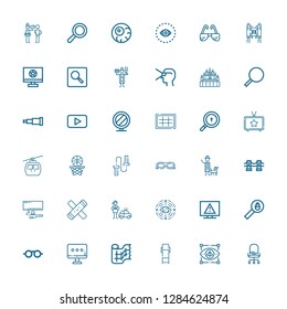Editable 36 view icons for web and mobile. Set of view included icons line Chair, Visual, Lounge chair, Gauze, Monitor, Sunglasses, Search, Television, Eye on white background