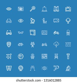 Editable 36 view icons for web and mobile. Set of view included icons line Microscope, Magnifying, Eye, Glasses, Mirror, Binoculars, Flashlight, Chair, Search on blue background