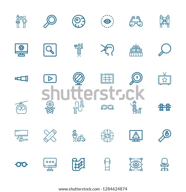 Editable 36 view\
icons for web and mobile. Set of view included icons line Chair,\
Visual, Lounge chair, Gauze, Monitor, Sunglasses, Search,\
Television, Eye on white\
background