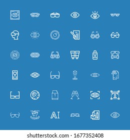 Editable 36 iconos de visión para web y móvil. Conjunto de visión incluye íconos de la línea Ojo, Promoción de marca, gafas de sol, Tipografía, Vr, Visión, Gafas, Carta, Eyeball, Imaginación sobre fondo azul
