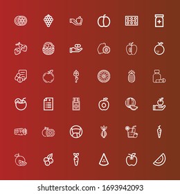 Editable 36 vitamin icons for web and mobile. Set of vitamin included icons line Watermelon, Apple, Carrot, Blueberry, Orange, Lemonade, Onion, Medicine, Tomato, Carrots on red