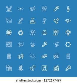 Editable 36 voice icons for web and mobile. Set of voice included icons line Microphone, Chat, Music, Phone call, Robot, Voice recorder, Megaphone, Tambourine on blue background