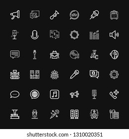 Editable 36 voice icons for web and mobile. Set of voice included icons line Voice recorder, Loudspeaker, Speaker, Microphone, Phonograph, Phone call, Megaphone on black background