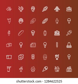 Editable 36 waffle icons for web and mobile. Set of waffle included icons line Cream, Ice cream, Bread, Cone, Pancakes, Stroopwafel, Macaron, Icecream on red