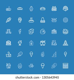 Editable 36 waffle icons for web and mobile. Set of waffle included icons line Cream, Ice cream, Cone, Bread, Breakfast, Pancakes, Pancake, Waffle iron, on blue background