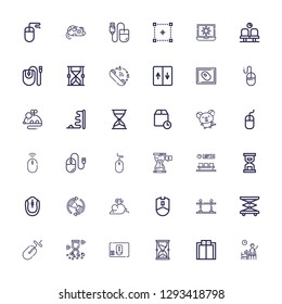 Editable 36 wait icons for web and mobile. Set of wait included icons line Waiting room, Elevator, Hourglass, Mouse, Queue, Waiting, Wait time, Loading, Selection on white background