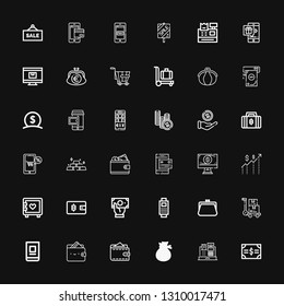 Editable 36 wallet icons for web and mobile. Set of wallet included icons line Bonds, Cash register, Money, Wallet, Online banking, Trolley, Purse, Payment on black background
