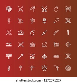 Editable 36 war icons for web and mobile. Set of war included icons line Radar, Paintball, Viking, Mace, Sword, Lance, Carrier, Crossbow, Submarine, War, Gas mask, Water gun on red
