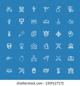 Editable 36 war icons for web and mobile. Set of war included icons line Samurai, Tomahawk, Cannon, Gauntlet, Crossbow, Tank, Carrier, Swords, Slingshot, Bullets on blue background