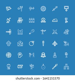 Editable 36 war icons for web and mobile. Set of war included icons line Bullets, Spear, Bomb, Paintball, Cannon, Military, Knight, Gas mask, Human rights, Peace on blue background