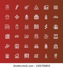 Editable 36 warehouse icons for web and mobile. Set of warehouse included icons line Shelf, Buildings, Warehouse, Shelves, Skyscraper, Building, Conveyor, Forklift, Delivery man on red