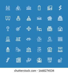 Editable 36 iconos de almacén para web y móvil. Conjunto de almacén incluido iconos línea Recolección, Contenedor, Barno, Entrega, Edificio de oficina, Cadena, Transmisor en fondo azul
