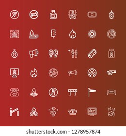 Editable 36 warning icons for web and mobile. Set of warning included icons line Bonfire, Malware, Pirate hat, Skull, Barrier, Safety mask, Windsock, Barricade, No liquids on red