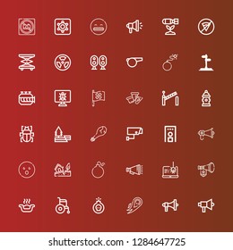 Editable 36 warning icons for web and mobile. Set of warning included icons line Megaphone, Fire, Bomb, Wheelchair, Litter box, Spyware, Earthquake, Shocked, Security gate on red