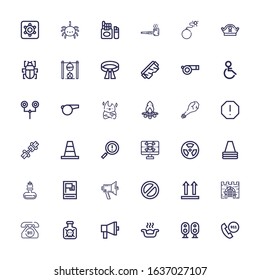 Editable 36 warning icons for web and mobile. Set of warning included icons line Emergency call, Loudspeaker, Litter box, Megaphone, Toxic, Gate, Side up, Banned on white background