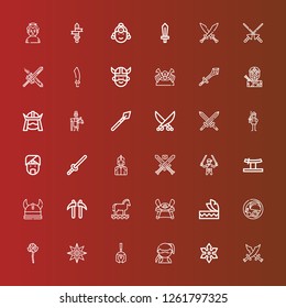 Editable 36 warrior icons for web and mobile. Set of warrior included icons line Swords, Shuriken, Ninja, Roman helmet, Mace, Indian, Headdress, Samurai, Trojan, Kusarigama on red