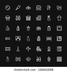 Editable 36 wash icons for web and mobile. Set of wash included icons line Garage, Shower, Bath, Dish, Soap, Washing machine, Mechanic, Machine, Sink, Plunger on black background