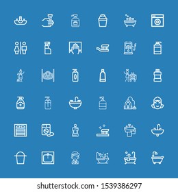 Editable 36 wash icons for web and mobile. Set of wash included icons line Bathtub, Bath, Mechanic, Sink, Bucket, Basin, Toothbrush, Mouthwash, Washing machine on blue background