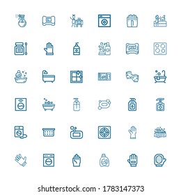 Editable 36 washing icons for web and mobile. Set of washing included icons line Glove, Detergent, Gloves, Washing machine, Bath, Extractor, Soap, Laundry basket on white background
