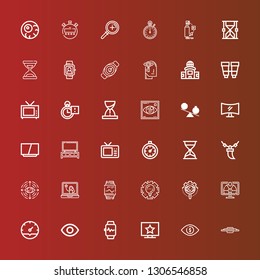 Editable 36 watch icons for web and mobile. Set of watch included icons line Tv, Eye, Television, Smartwatch, Clock, View, Management, Youtuber, Necklace, Hourglass, Stopclock on red