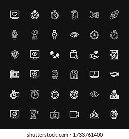 Editable 36 watch icons for web and mobile. Set of watch included icons line Smartwatch, Eye, Video, Television, Hourglass, Stopclock, Stopwatch, Clock, Alarm clock on black background