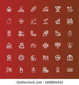 Editable 36 water icons for web and mobile. Set of water included icons line Surf, Dispenser, Plant, Gardening, Sand bucket, Gardener, Ink, Pirate, Water gun, Spray, Lifesaver on red