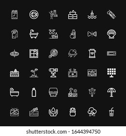 Bearbeitbar 36 Wassersymbole für Web und Mobile. WasserSet inklusive Icons Linie Eiskaffee, Sturm, Pflanzen, Wasser, Gartenbau, Arktis, Regenschirm, Boil, Strand, Toilettenpapier auf schwarzem Hintergrund