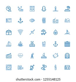 Editable 36 wave icons for web and mobile. Set of wave included icons line Radio, Surf board, Blood, Satellite dish, Live, Music, Death, Fish, Windsurf, Tower on white background