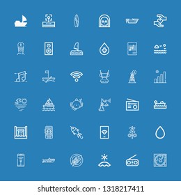 Editable 36 wave icons for web and mobile. Set of wave included icons line Music, Radio, Beach, Fish, Boat, Wifi, Blood drop, Signal, Voice recorder, Hydro power on blue background