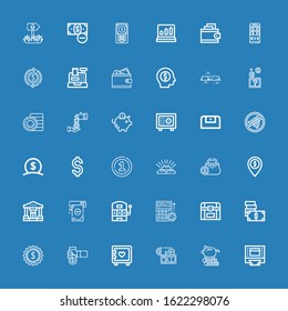 Editable 36 wealth icons for web and mobile. Set of wealth included icons line Atm, Piggy bank, Gold, Strongbox, Cash, Dollar, Money, Chest, Budget, Slot machine on blue background