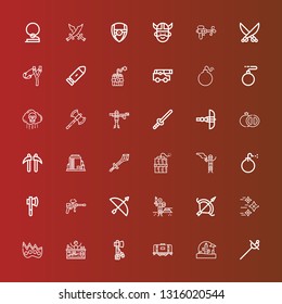 Editable 36 weapon icons for web and mobile. Set of weapon included icons line Sword, Wild west, Tank, Tomahawk, Paintball, Knuckle, Shuriken, Archery, Axe, Bomb, Dynamite on red