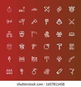 Editable 36 weapon icons for web and mobile. Set of weapon included icons line Scythe, Bullet, Paintball, Bomb, Bullets, Musket, Ninja, Axe, Water gun, Shogun, Soldier on red