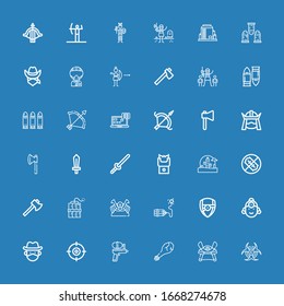 Editable 36 weapon icons for web and mobile. Set of weapon included icons line Biohazard, Samurai, Weapon, Water gun, Shooter, Cowboy, Indian, Arsenal, Dynamite on blue background