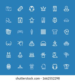 Editable 36 wear icons for web and mobile. Set of wear included icons line Shirt, Sweatshirt, Glove, Clothes, Clothing hanger, Helmet, Boots, Hat, Top hat, Apron on blue background