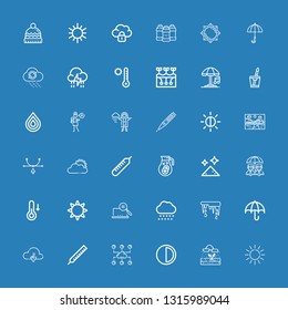 Editable 36 weather icons for web and mobile. Set of weather included icons line Sun, Rain, Brightness, Cloud, Thermometer, Umbrella, Thaw, Snow, Pixel, Temperature on blue background