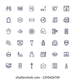 Editable 36 web icons for web and mobile. Set of web included icons line Buildings, Magazine, Email, Lamp, Payment method, Line chart, Laptop, Networking, Clipboards on white background